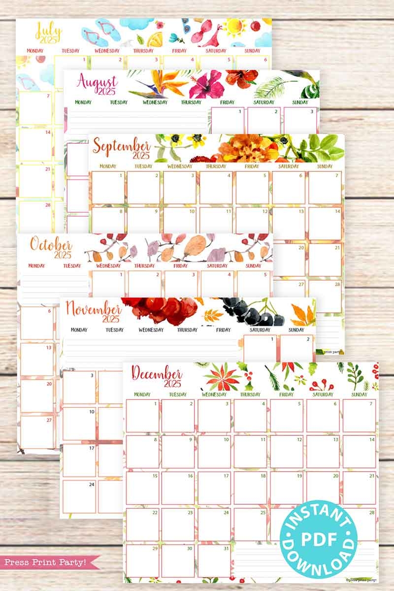 Monday Start 2025 Monthly Calendars For Bullet Journals Or Binders Watercolor Printable 