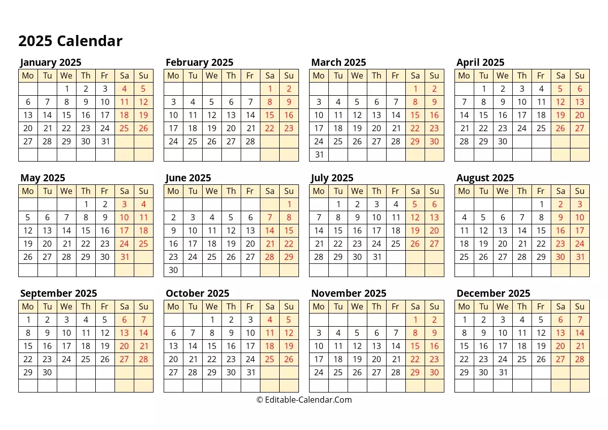 Monday Start 2025 Yearly Calendar Editable In Excel Word PDF