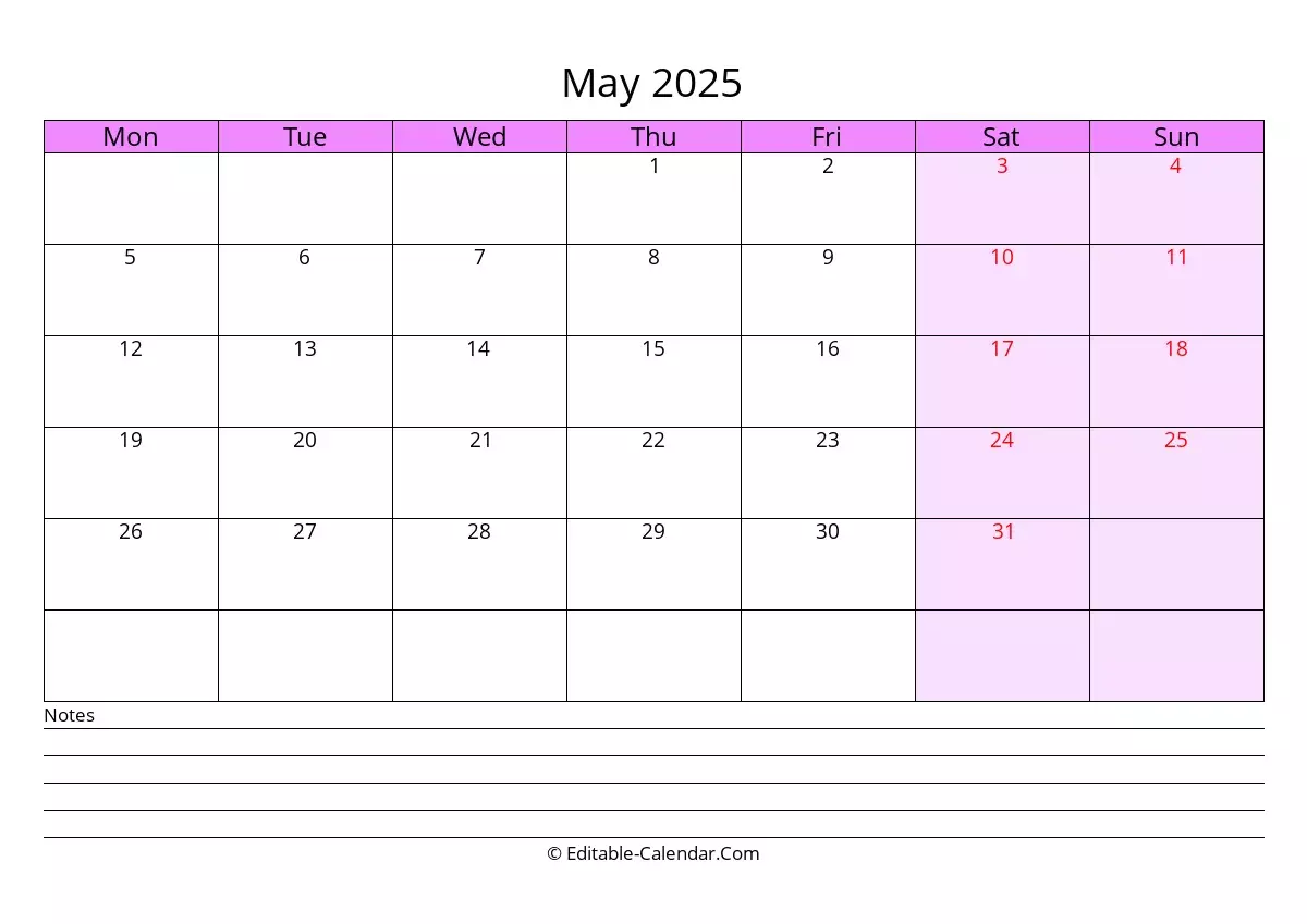 Monday Start Editable Calendar May 2025 In Excel Word PDF