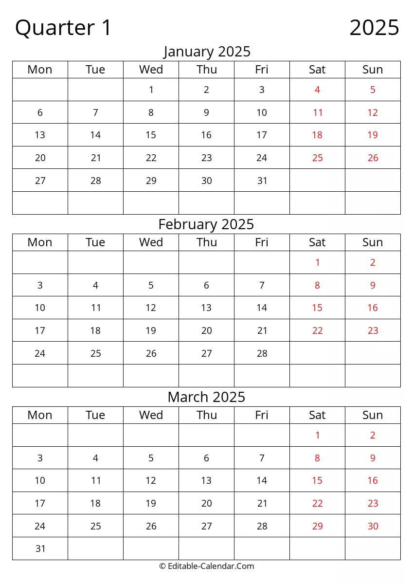 Monday Start Quarter 1 2025 Editable Calendar In Excel Word PDF