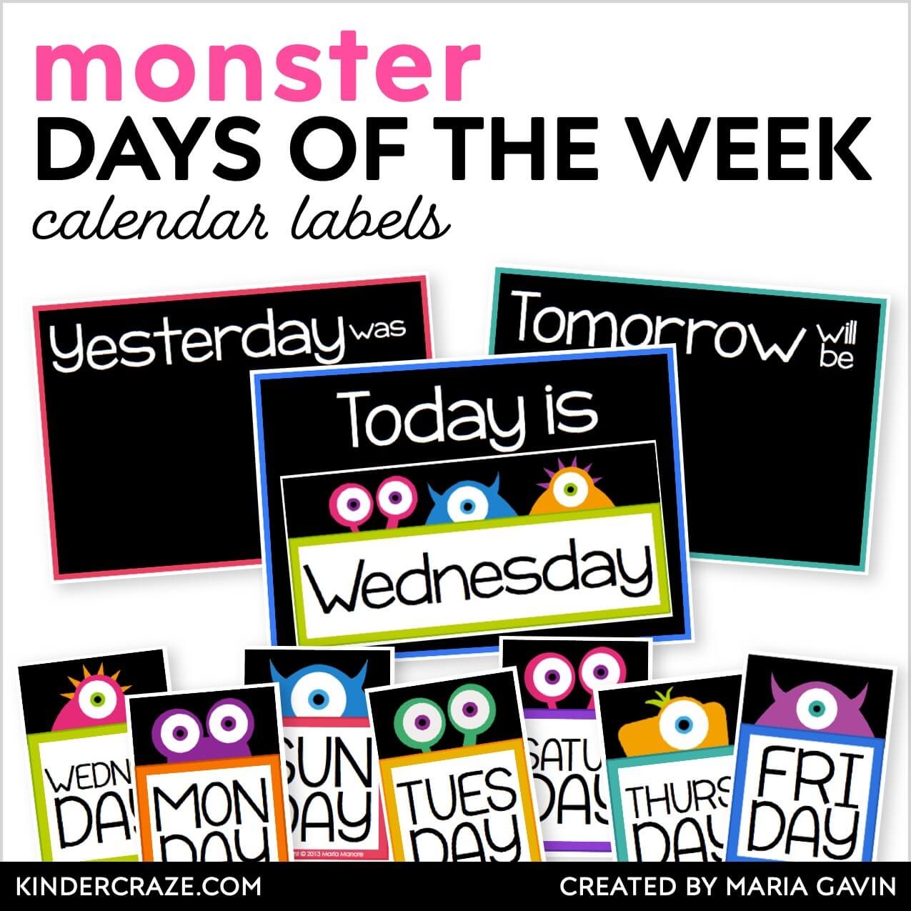 Monster Theme Days Of The Week Classroom Calendar Labels Kinder Craze