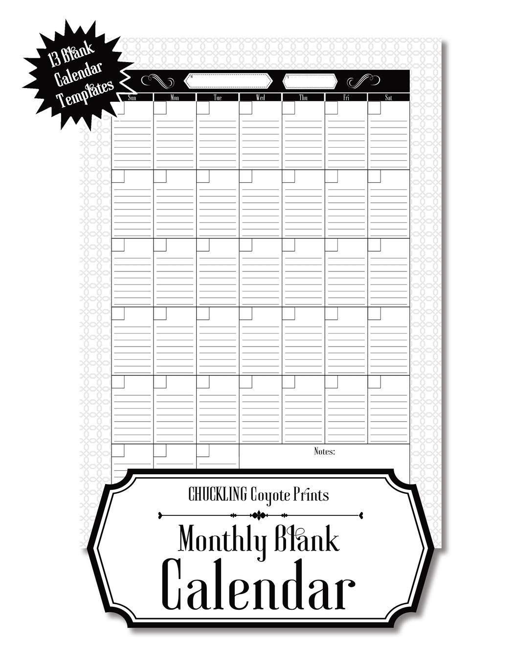 Monthly Blank Calendar 8 5x11 Undated Calendar Fillable Templates For Office School Or Home Sun Sat Pages For Notes And To Do Agenda Chuckling Coyote Prints 9781953987105 Amazon Books