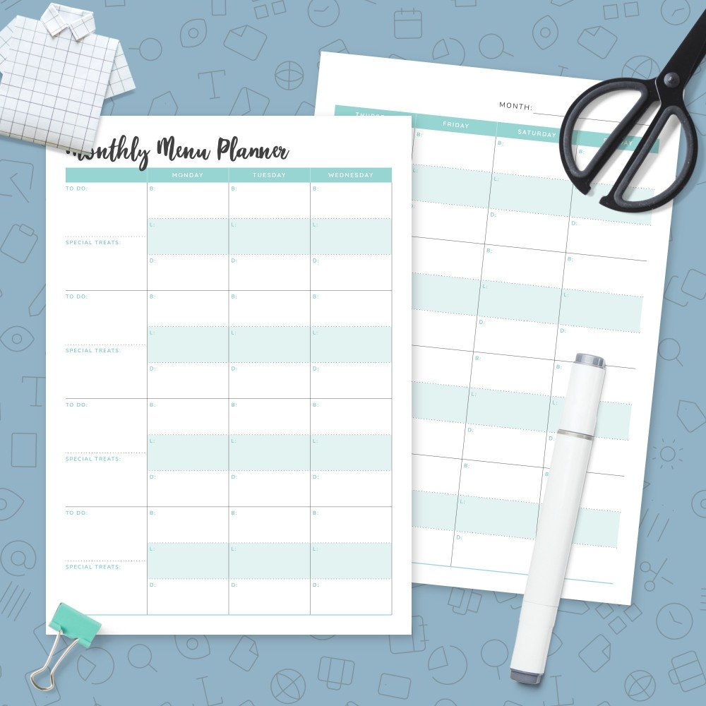 Monthly Meal Calendar Template Printable PDF