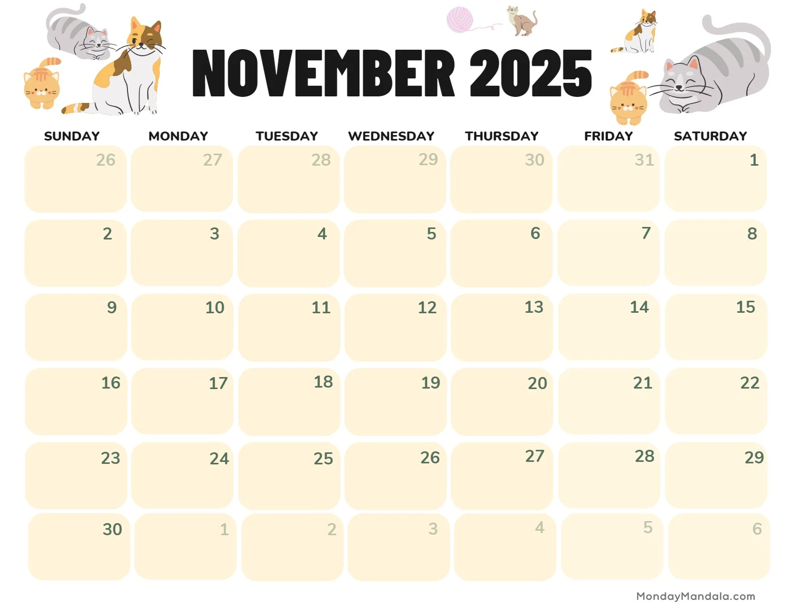 Printable Calendar Monthly November 2025