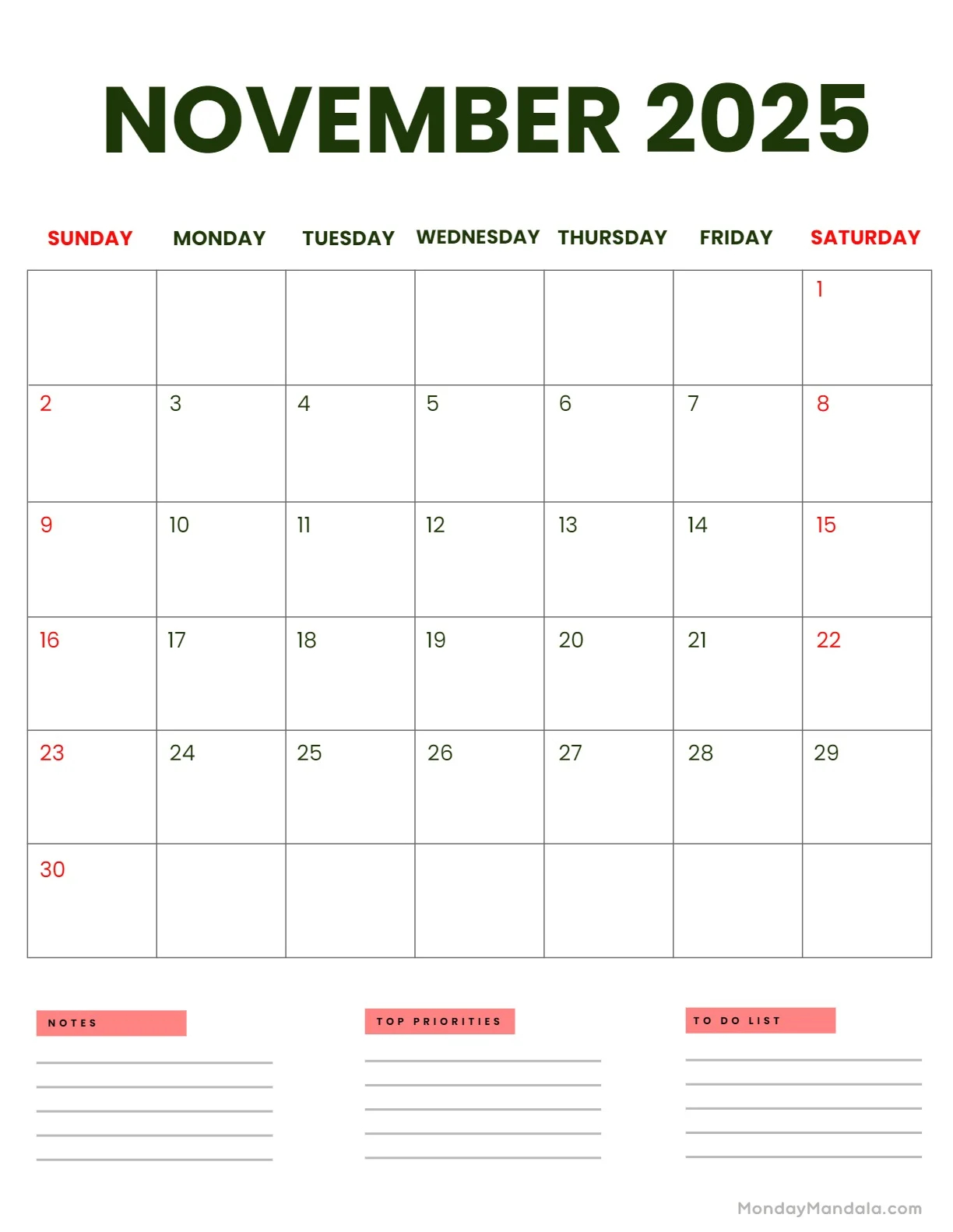 Printable November 2025 Calendar With Holidays