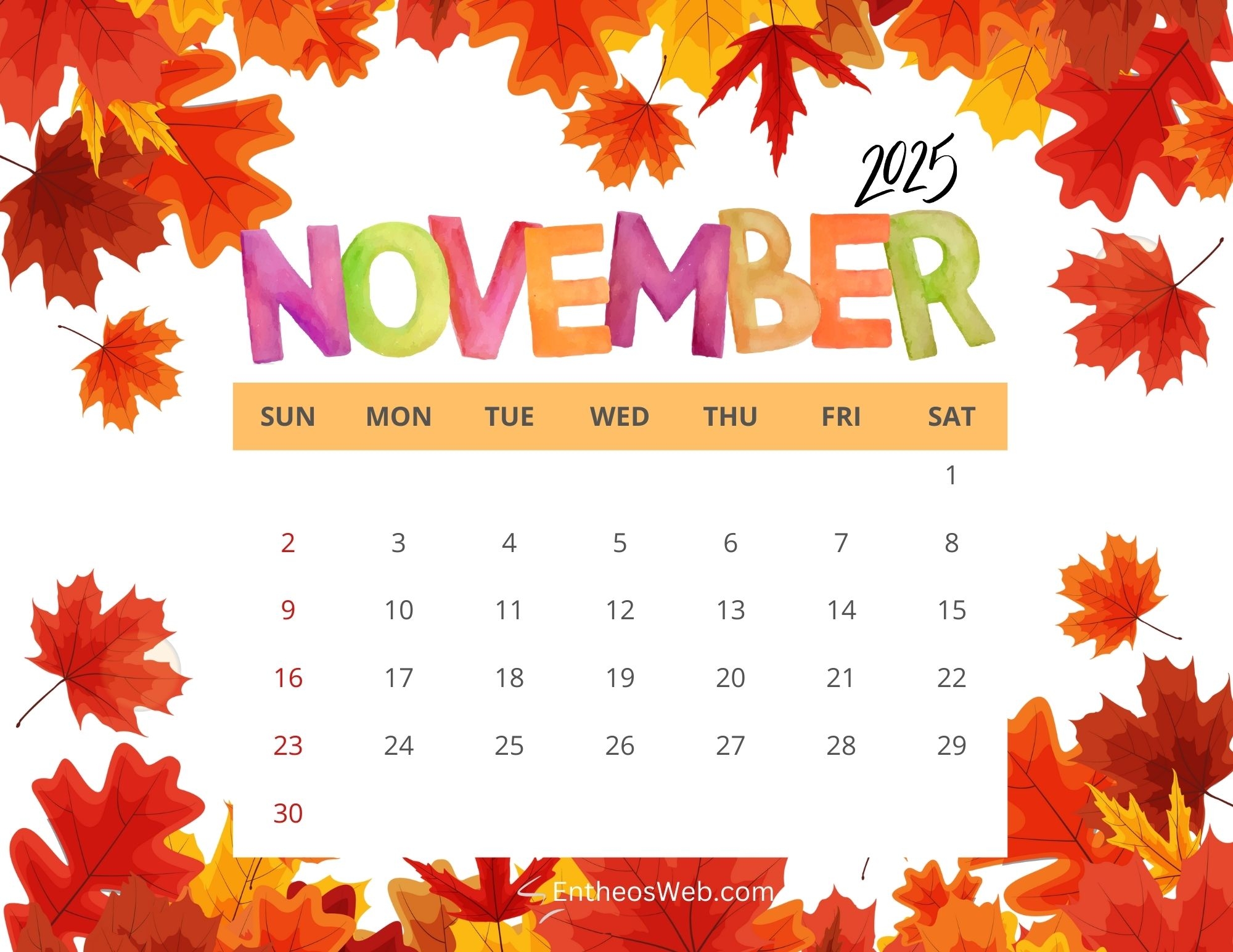 November 2025 Menu Calendar Printable