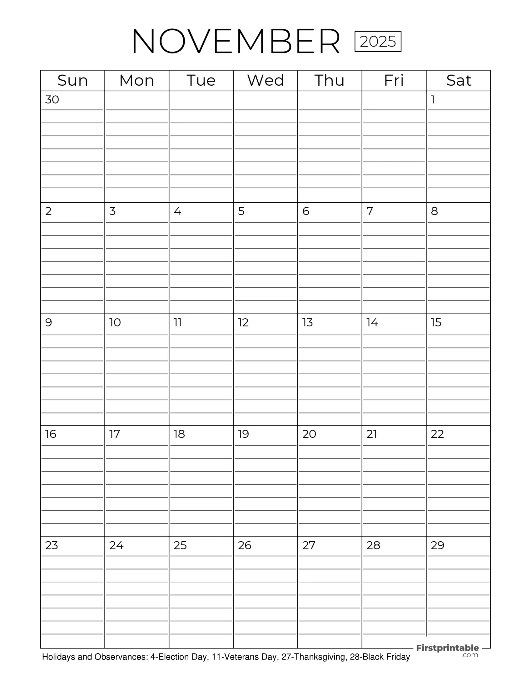 November 2025 Calendars Free Printable Fillable