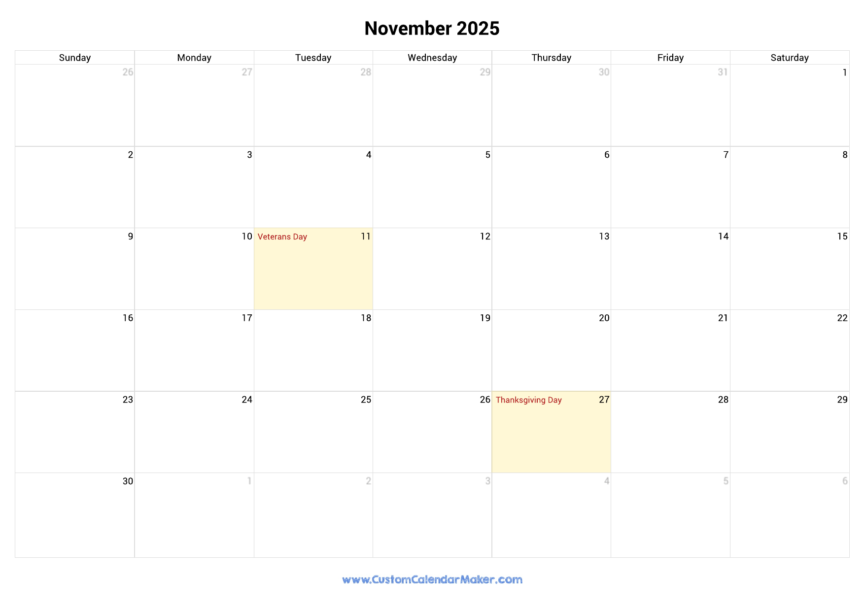 November 2025 Printable Calendar With US Federal Holidays Custom Calendar Maker