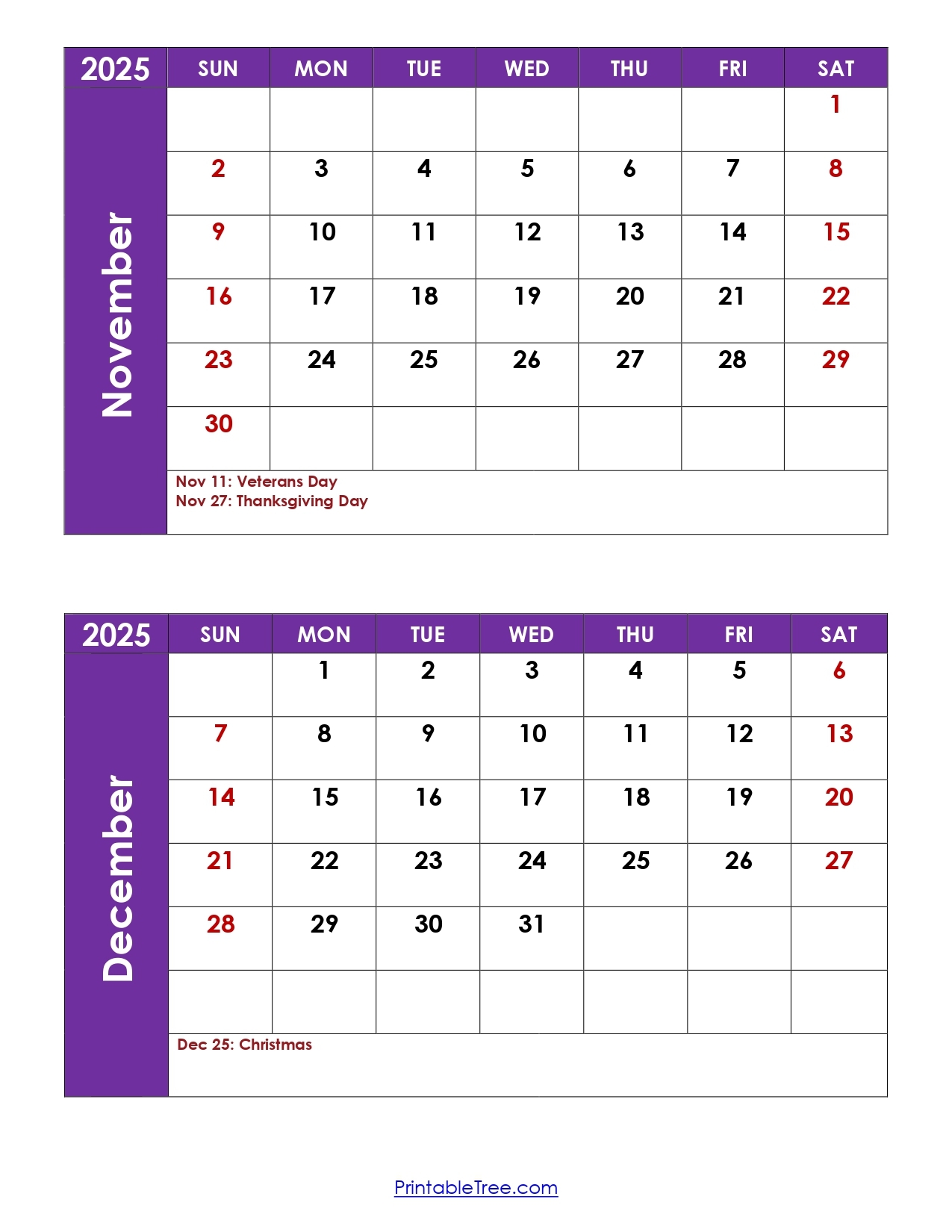 November 2025 Calendar Free Printable