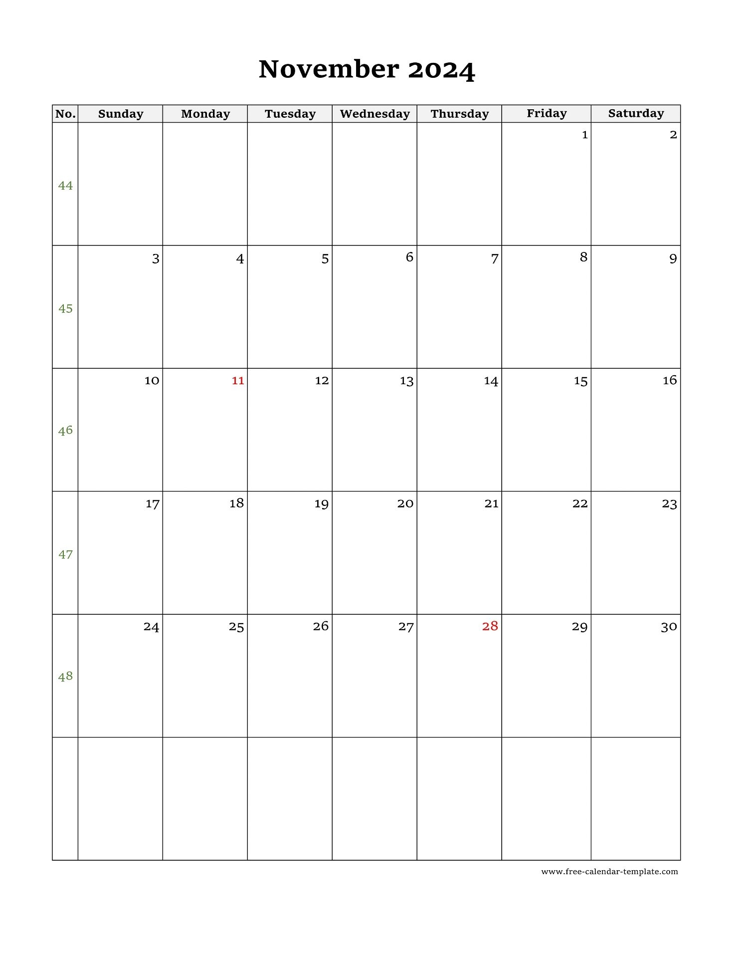 November Calendar 2024 Simple Design With Large Box On Each Day For Notes Free calendar template