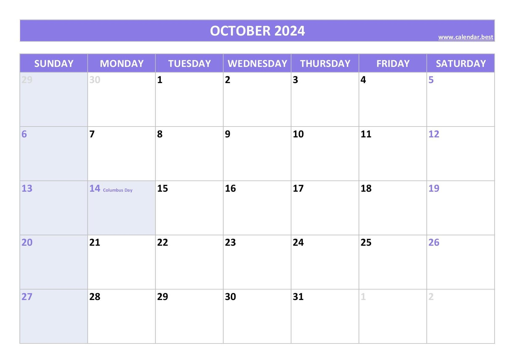 October Monthly Calendar Printable