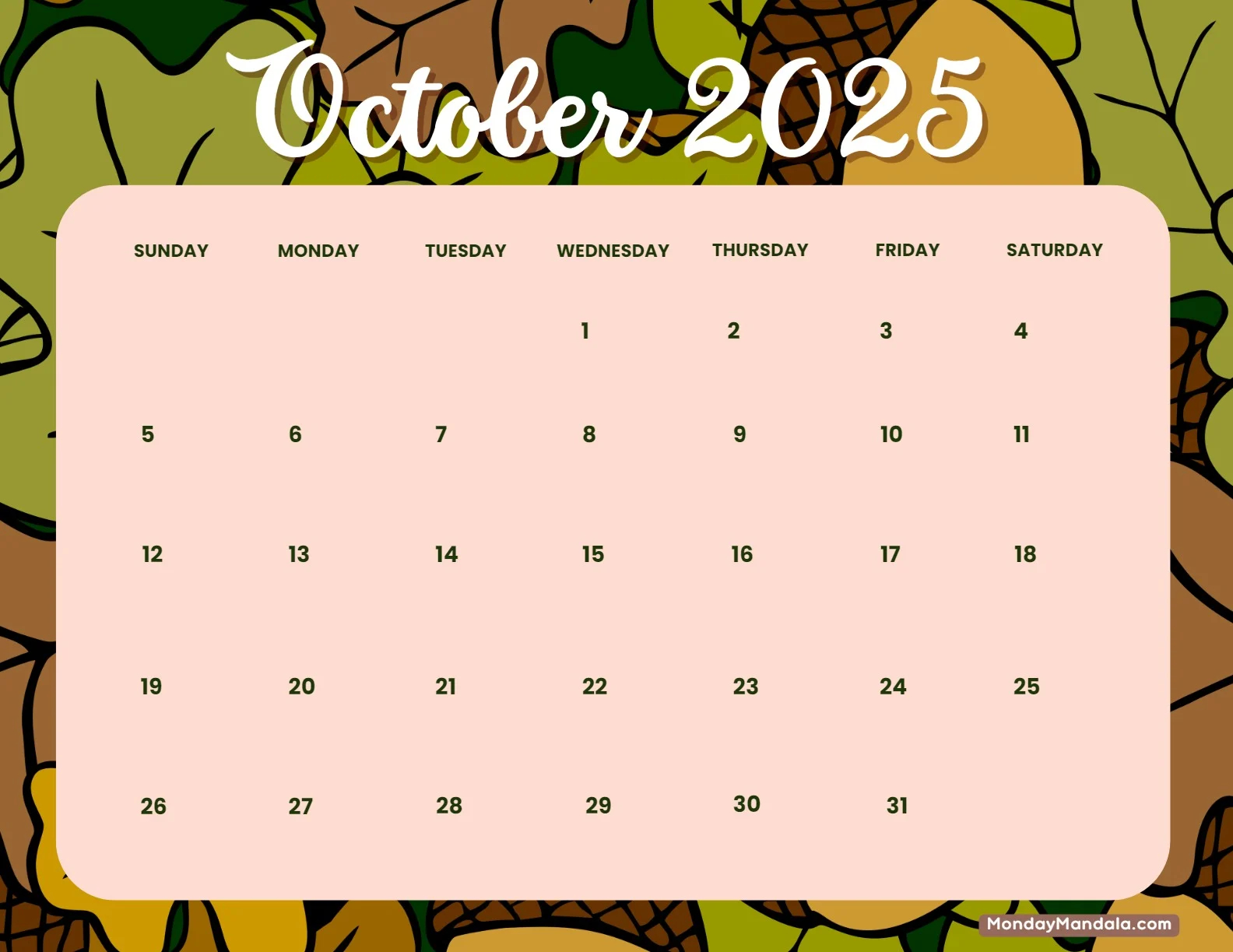 Free Calendar October 2025 Printable