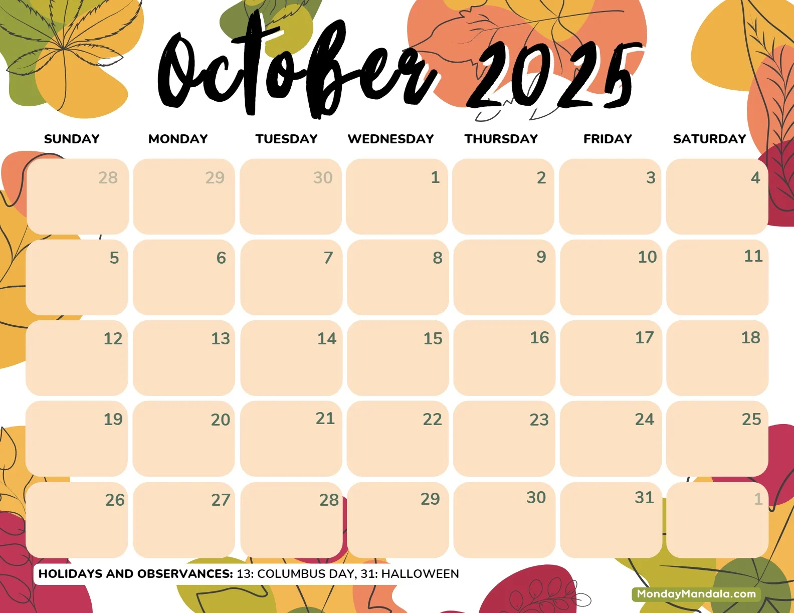 October 2025 Calendar 52 Free PDF Printables 