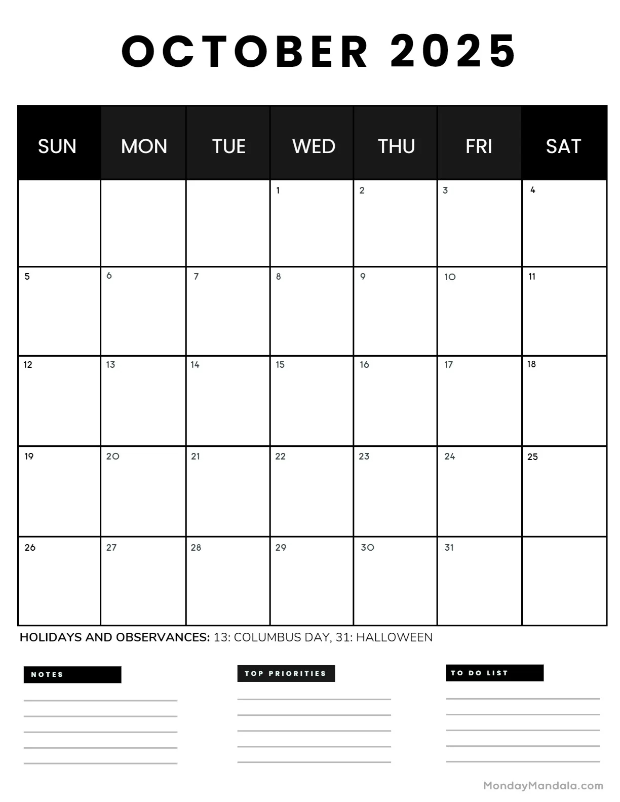October 2025 Calendar 52 Free PDF Printables 