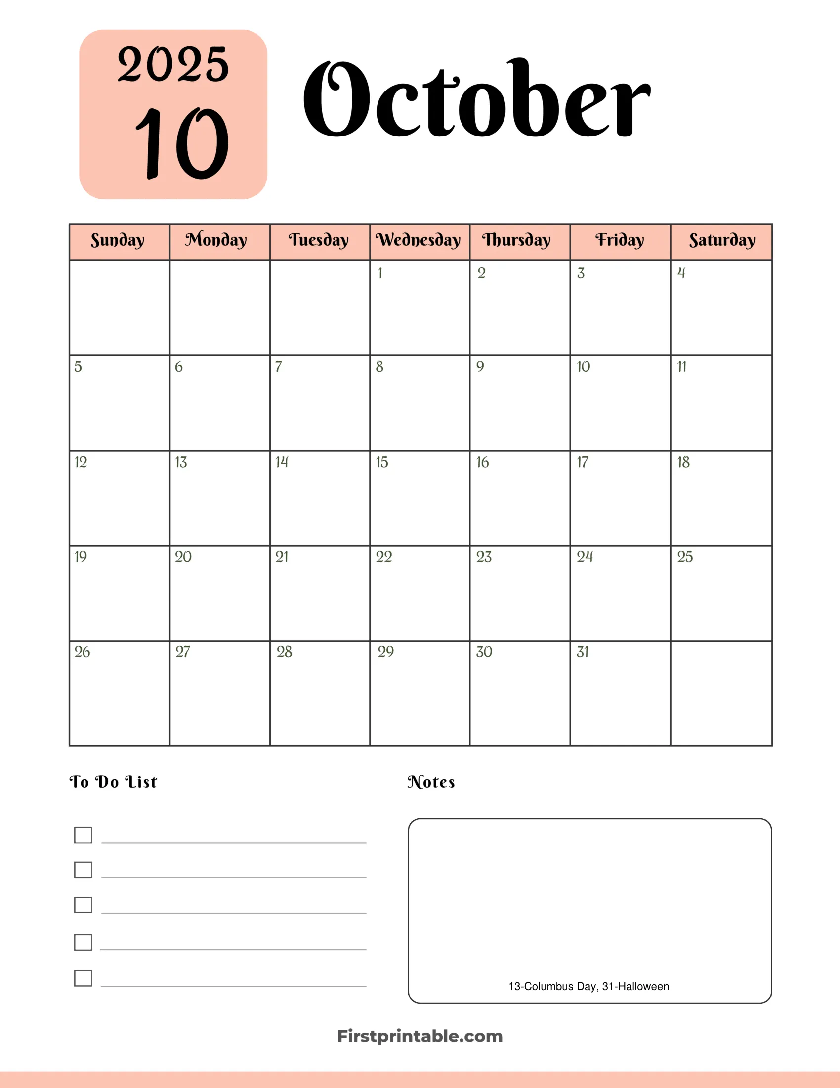 October 2025 Calendars Free Printable Fillable October 2025 Calendars Free Printable Fillable
