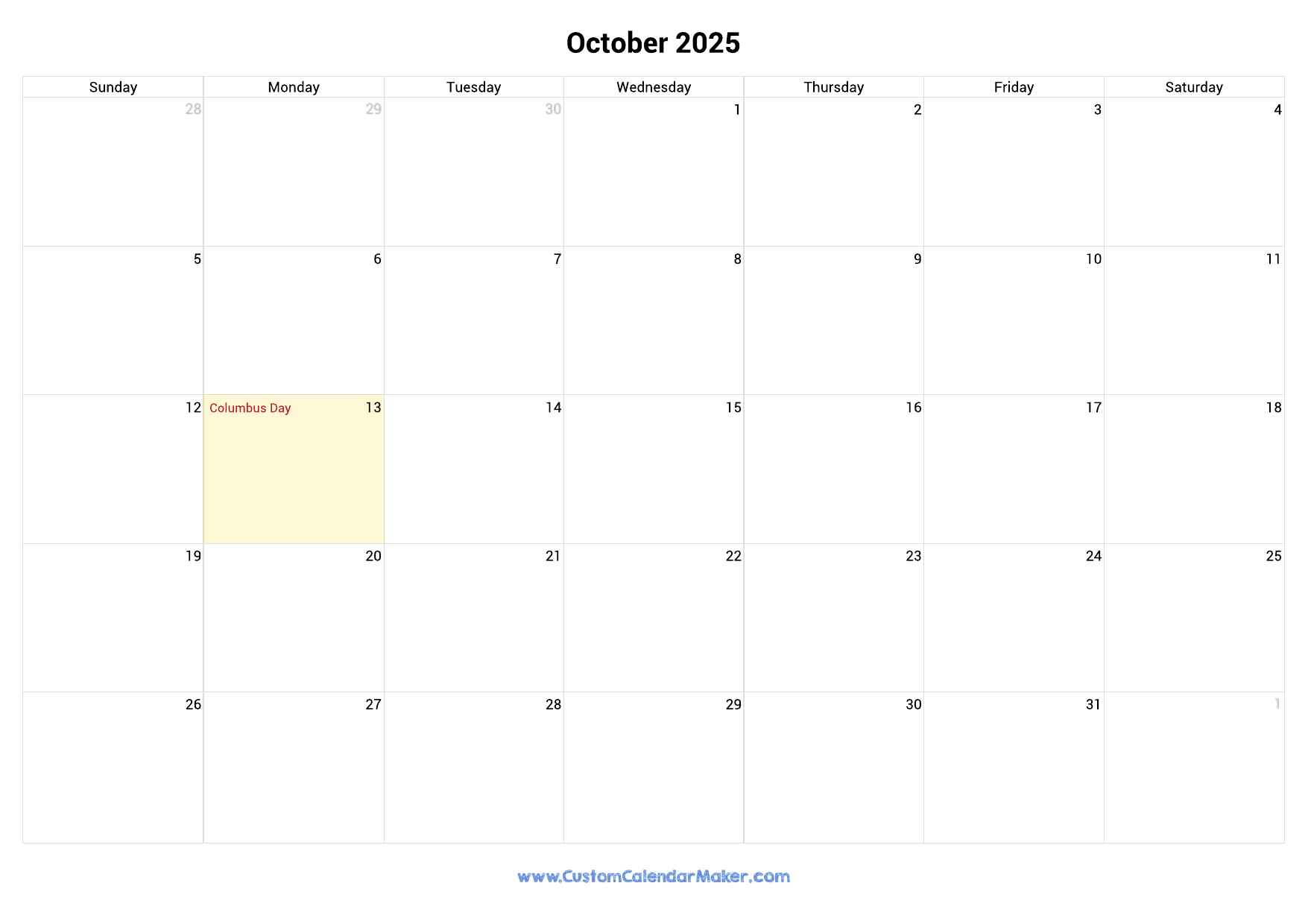 October 2025 Printable Calendar With US Federal Holidays Custom Calendar Maker October 2025 Printable Calendar With US Federal Holidays Custom Calendar Maker