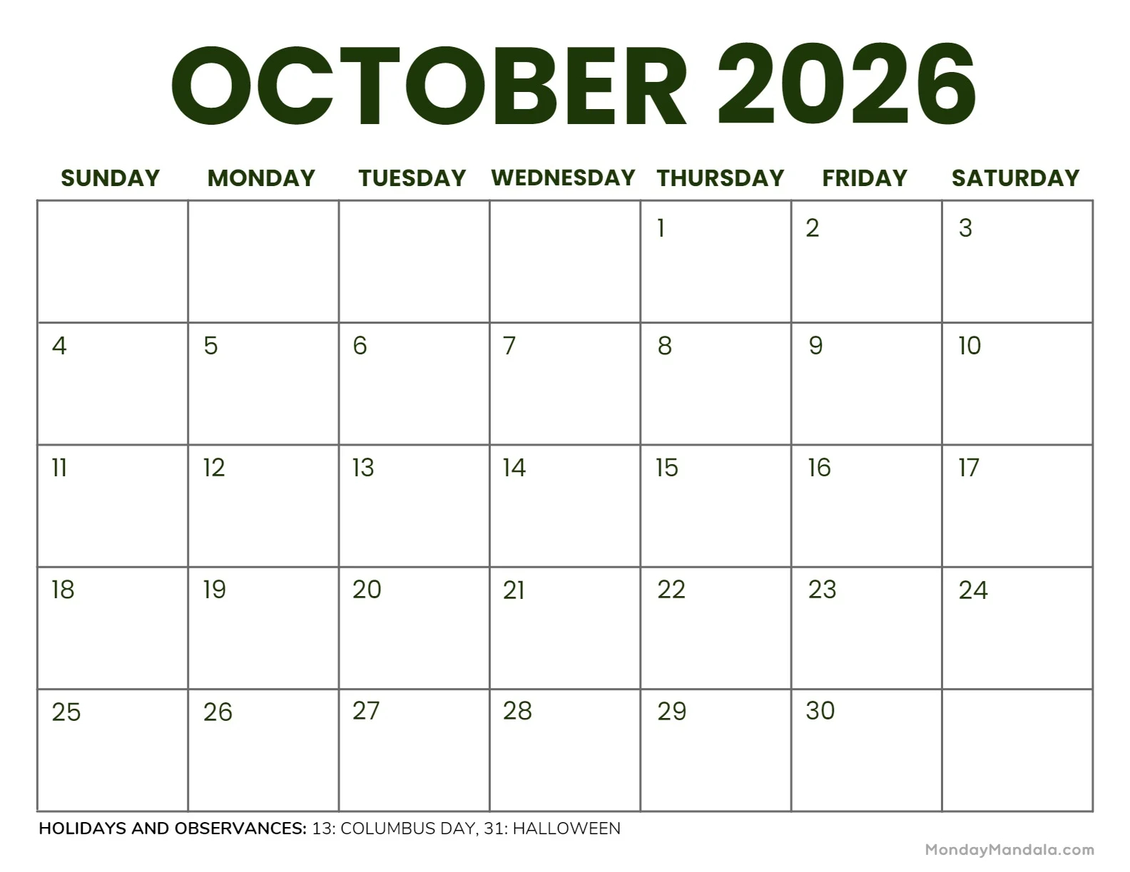 October 2026 Calendars 52 Free PDF Printables 