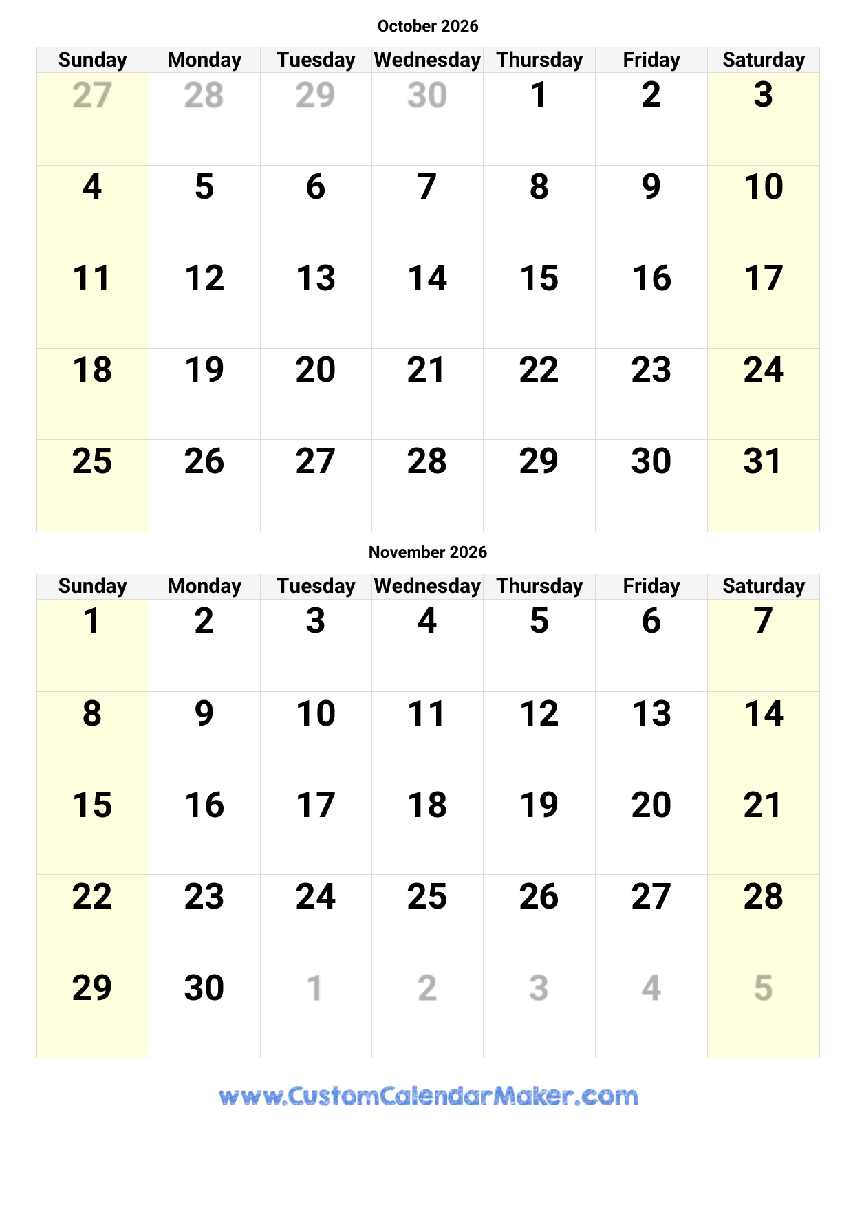 October And November 2026 Calendar Custom Calendar Maker