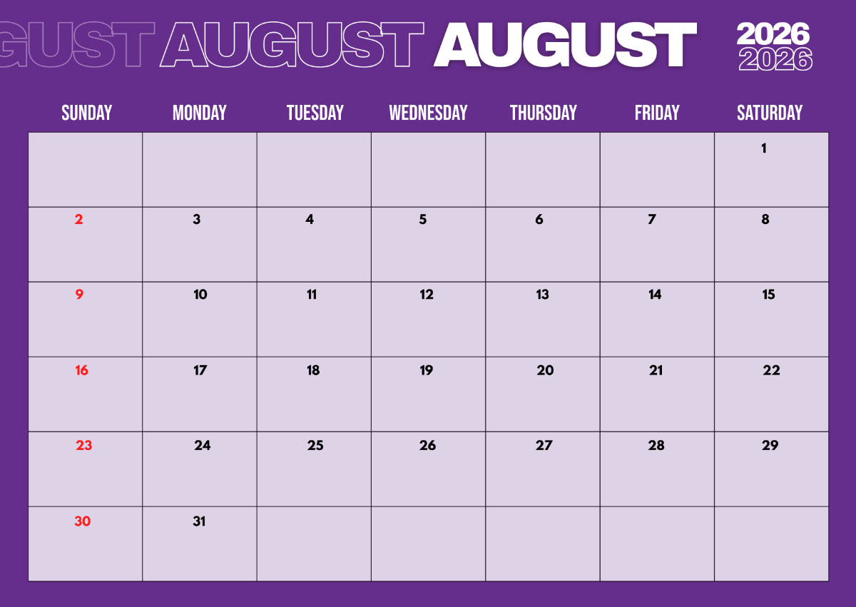 Month Of August 2026 Printable Calendar