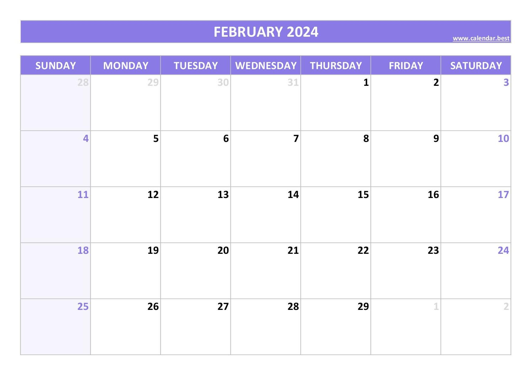 Febuary Printable Calendar