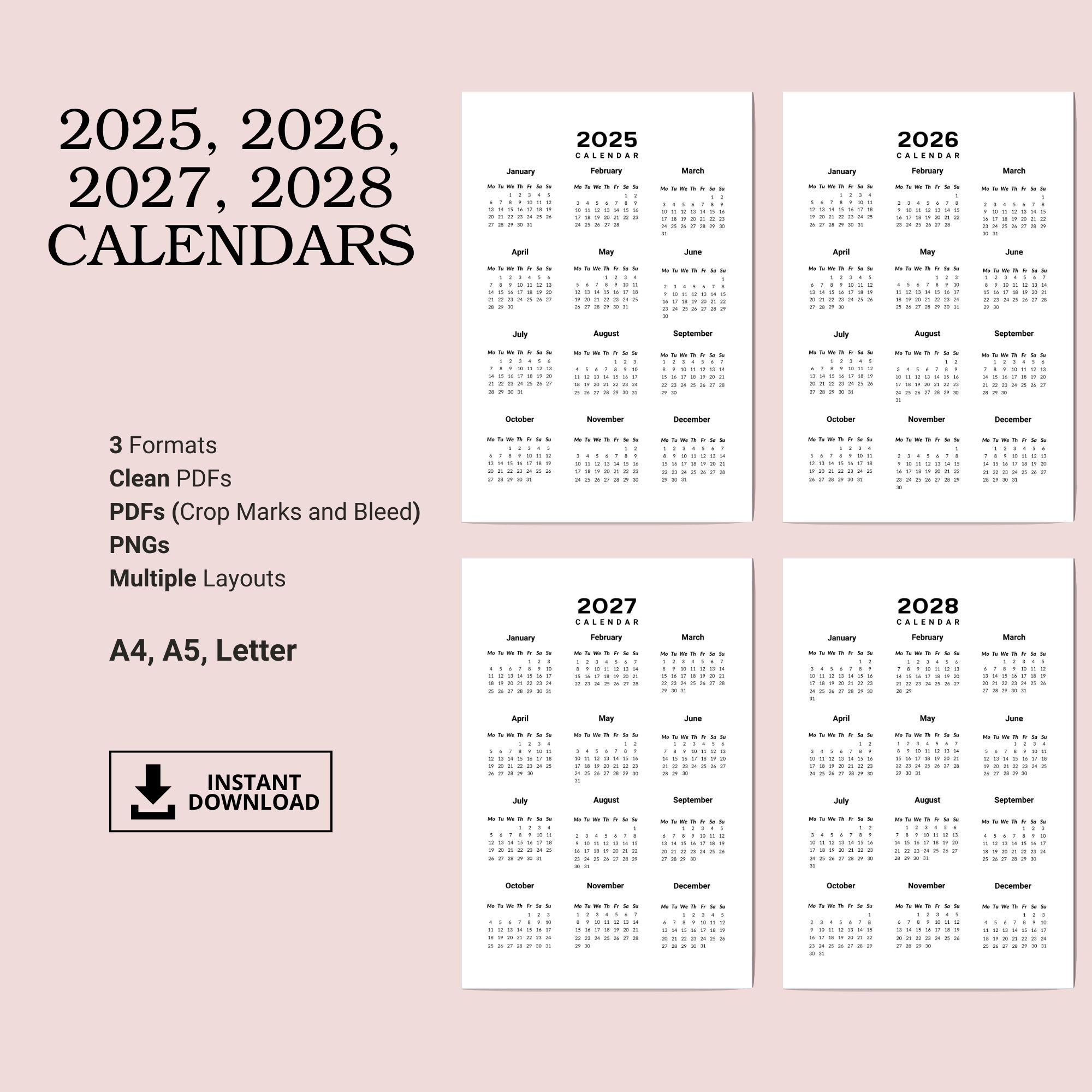 5 Year Calendar 2025 To 2028 Printable