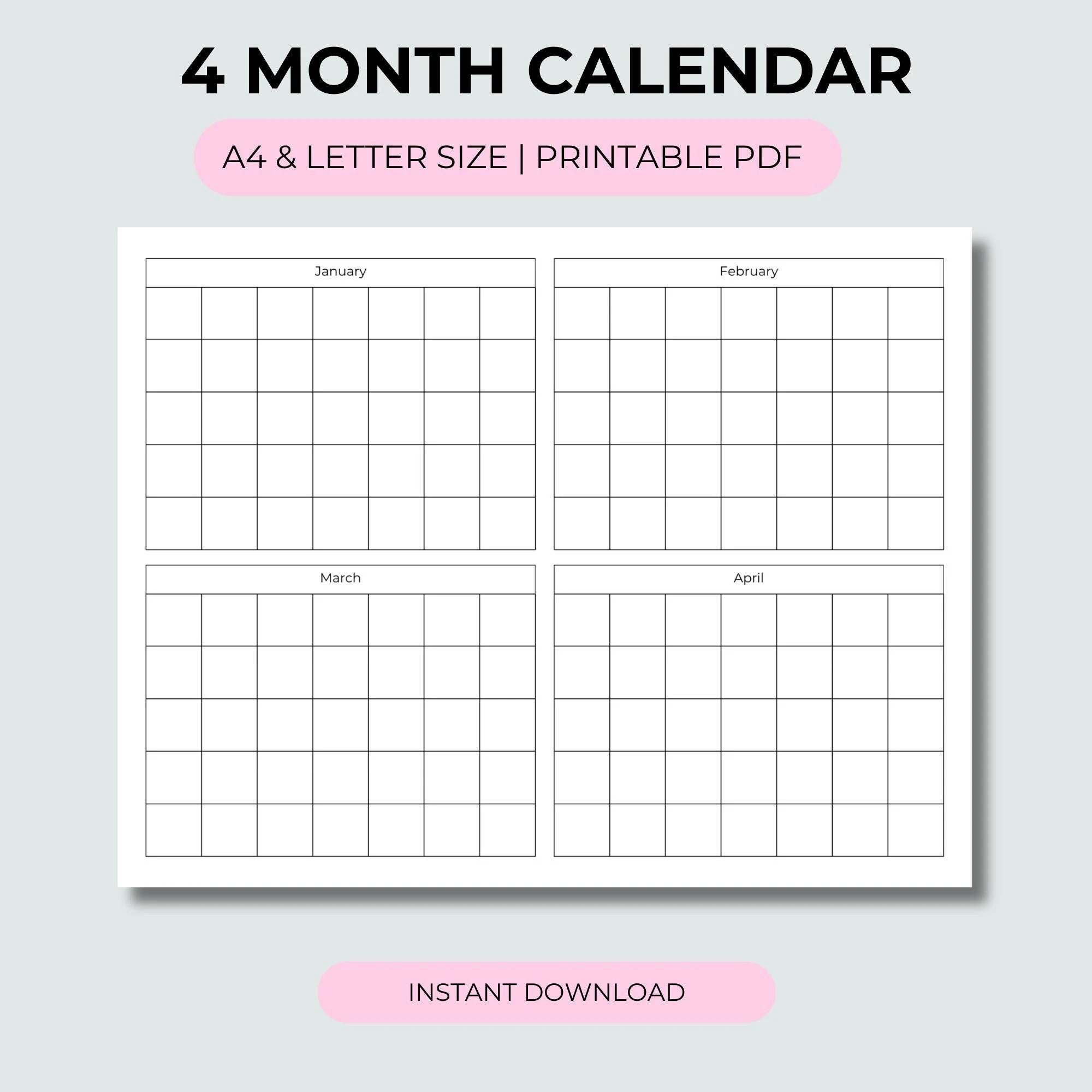 Printable 4 Month Calendar Etsy