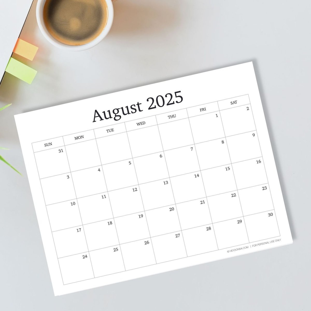 Aug Calendar 2025 Printable