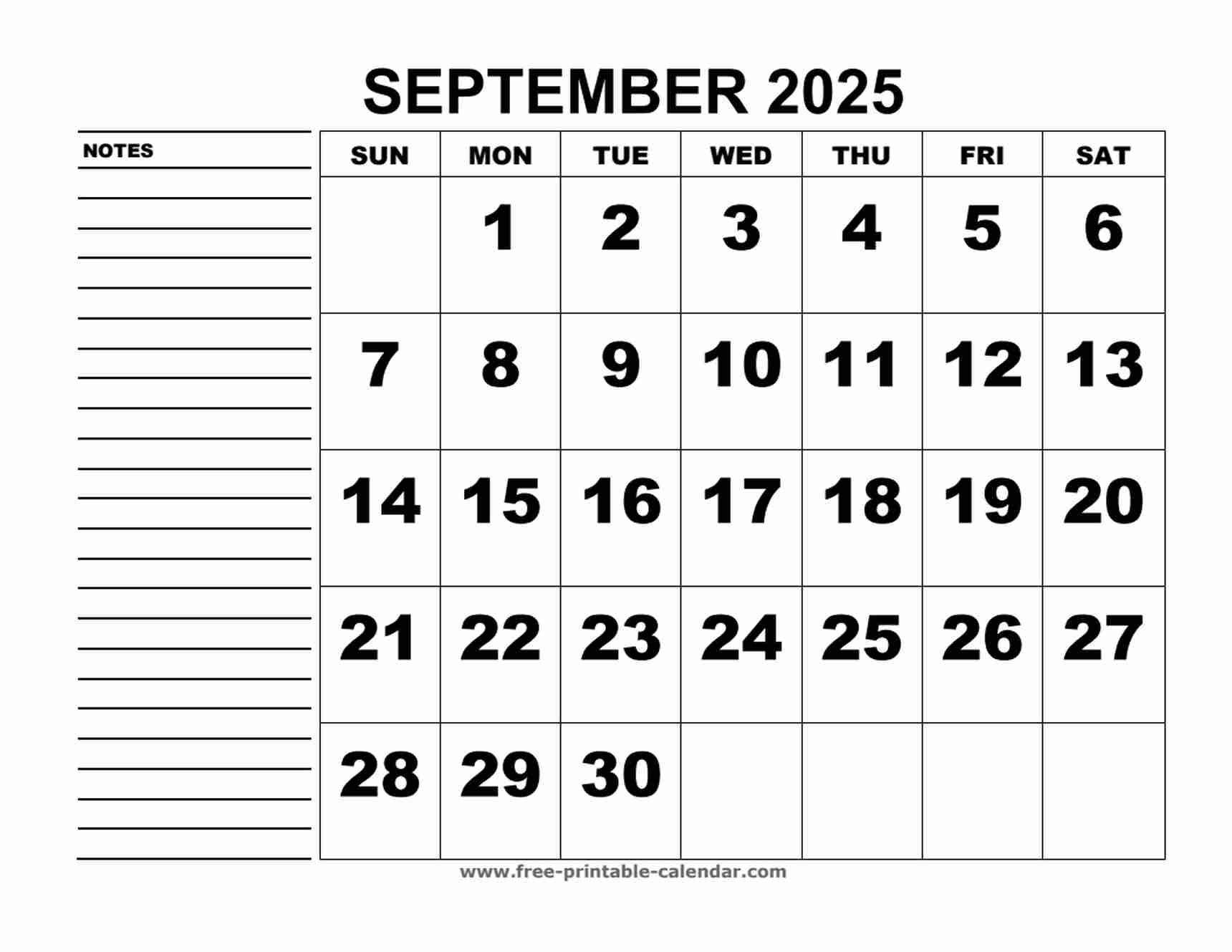 Printable Calendar September 2025 8x10