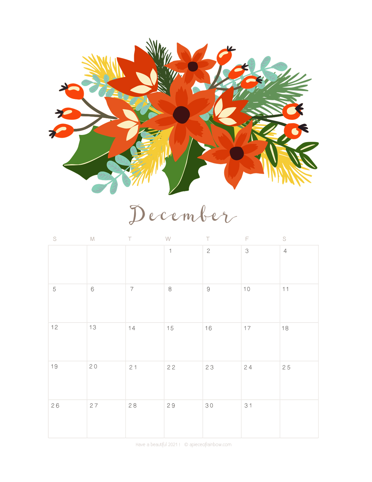 Printable December 2021 Calendar Monthly Planner 2 Designs Flowers Modern A Piece Of Rainbow