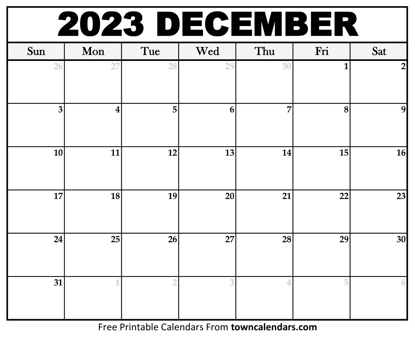 Printable December 2023 Calendar Towncalendars Printable December 2023 Calendar Towncalendars