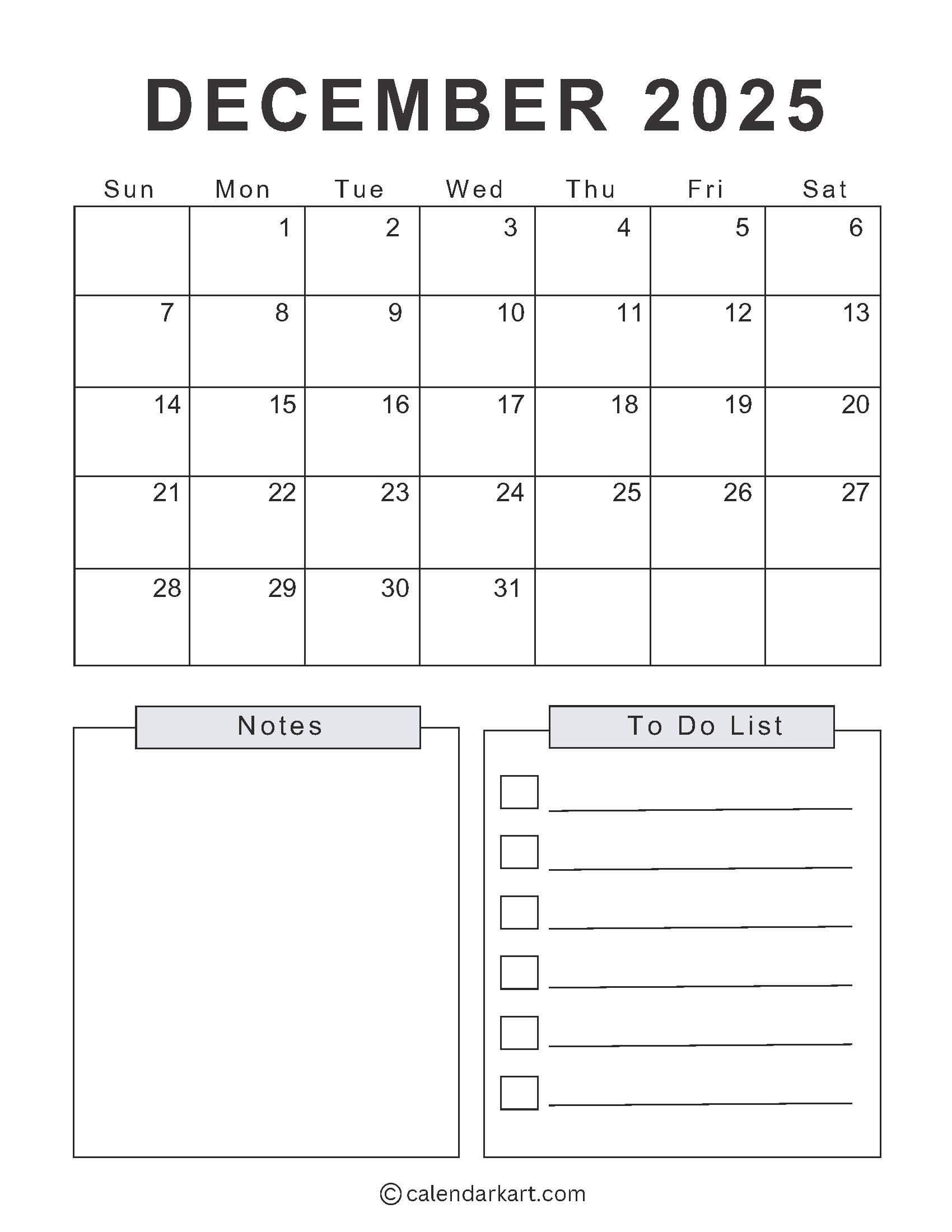 Printable December 2025 Calendars Free Pdf CalendarKart