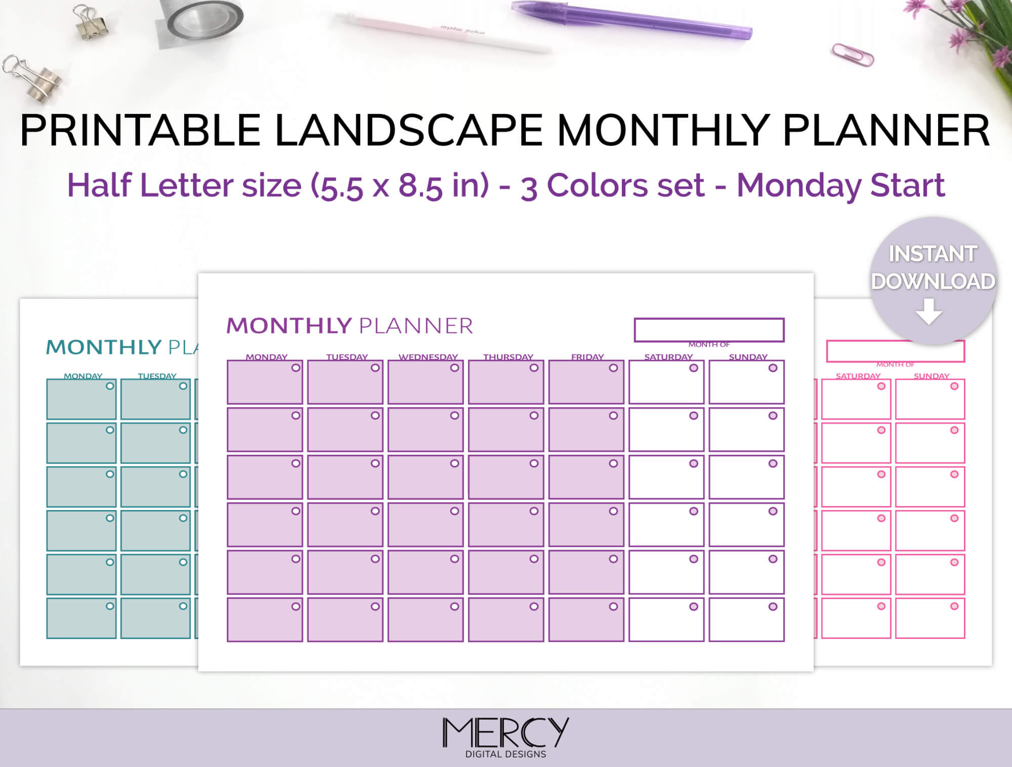 Printable Half Monthly Planner Cute Set Mercy Digital Designs