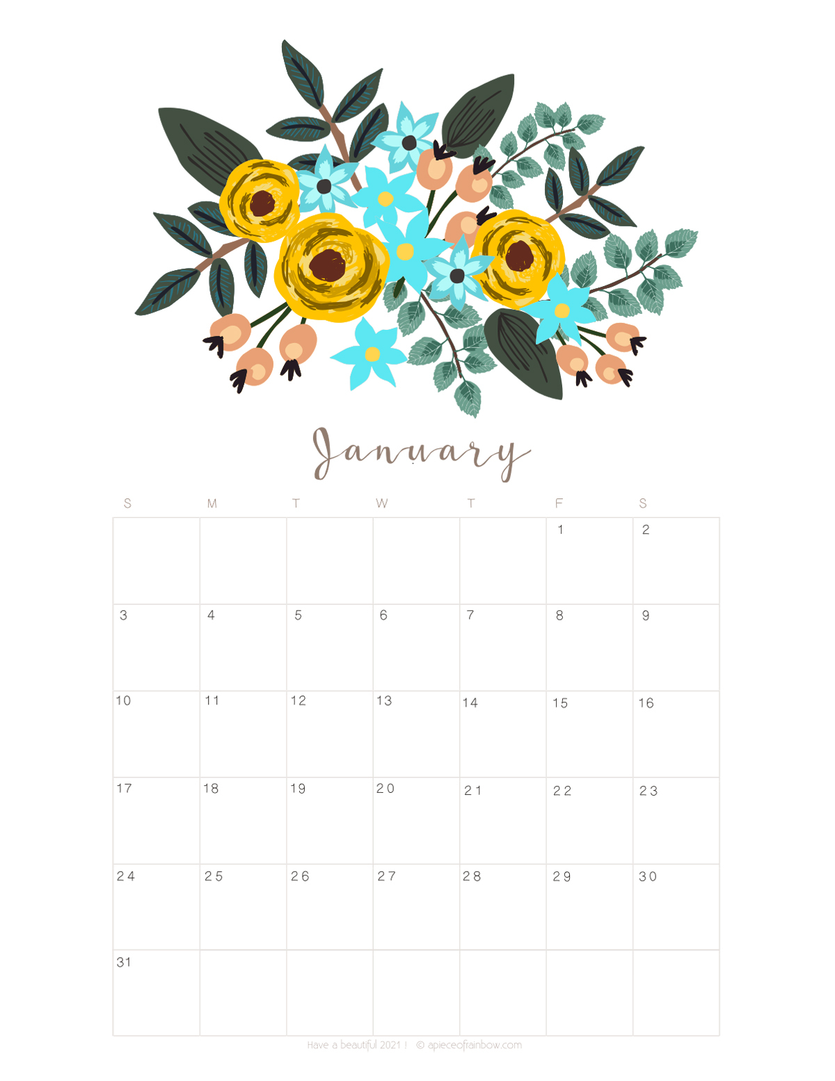 Printable January 2021 Calendar Monthly Planner 2 Designs Flowers Modern A Piece Of Rainbow