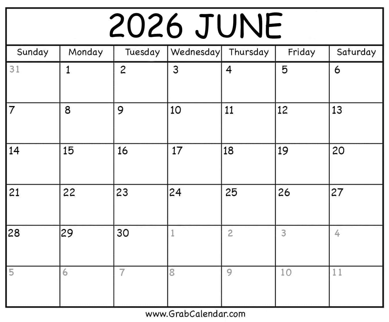 Printable June 2026 Calendar