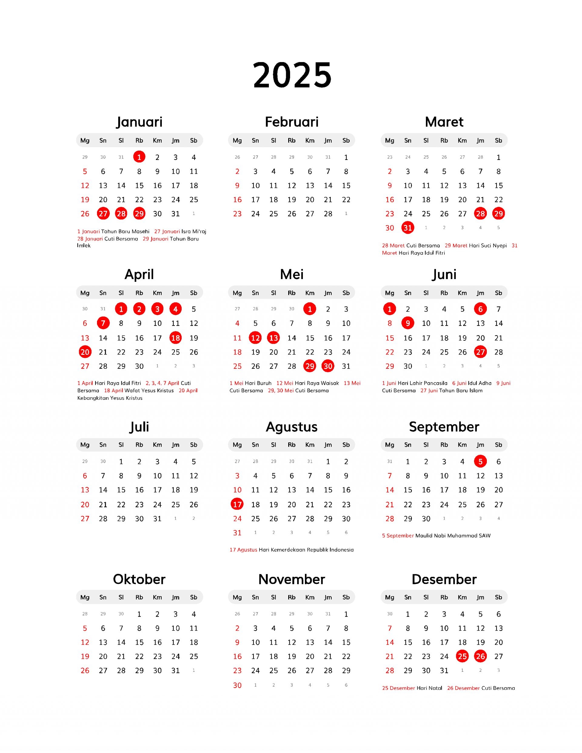 Printable One Page All Month Calendar Layout