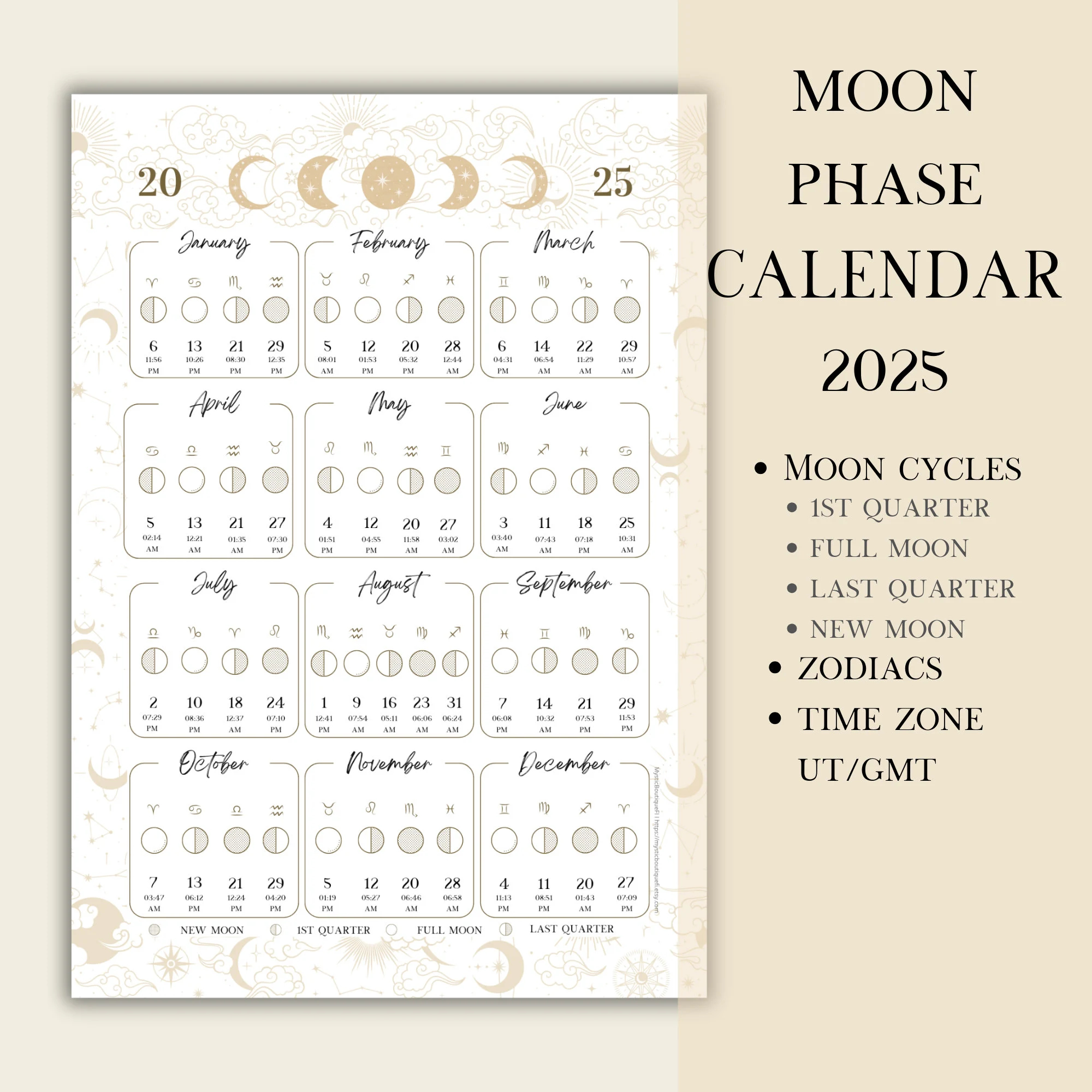 Printable PDF Lunar Calendar Moon Phase Calendar 2025 Etsy