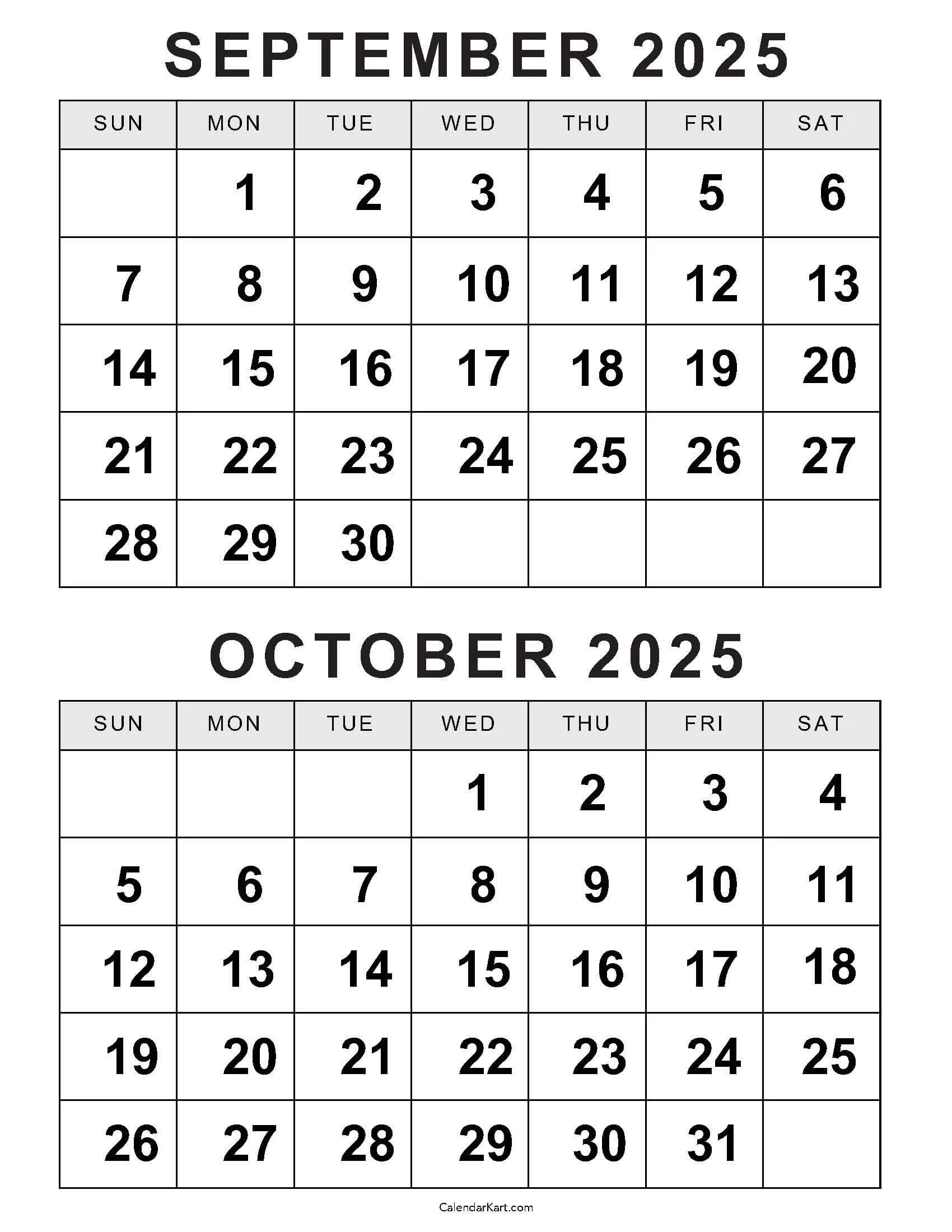 Printable September October 2025 Calendar Calendarkart Printable September October 2025 Calendar Calendarkart