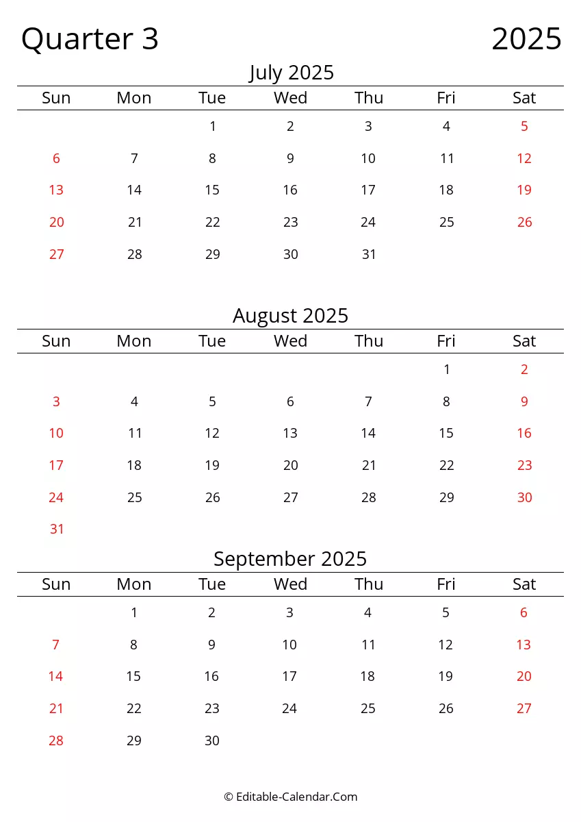 Quarter 3 Of 2025 Editable Calendar In Excel Word PDF