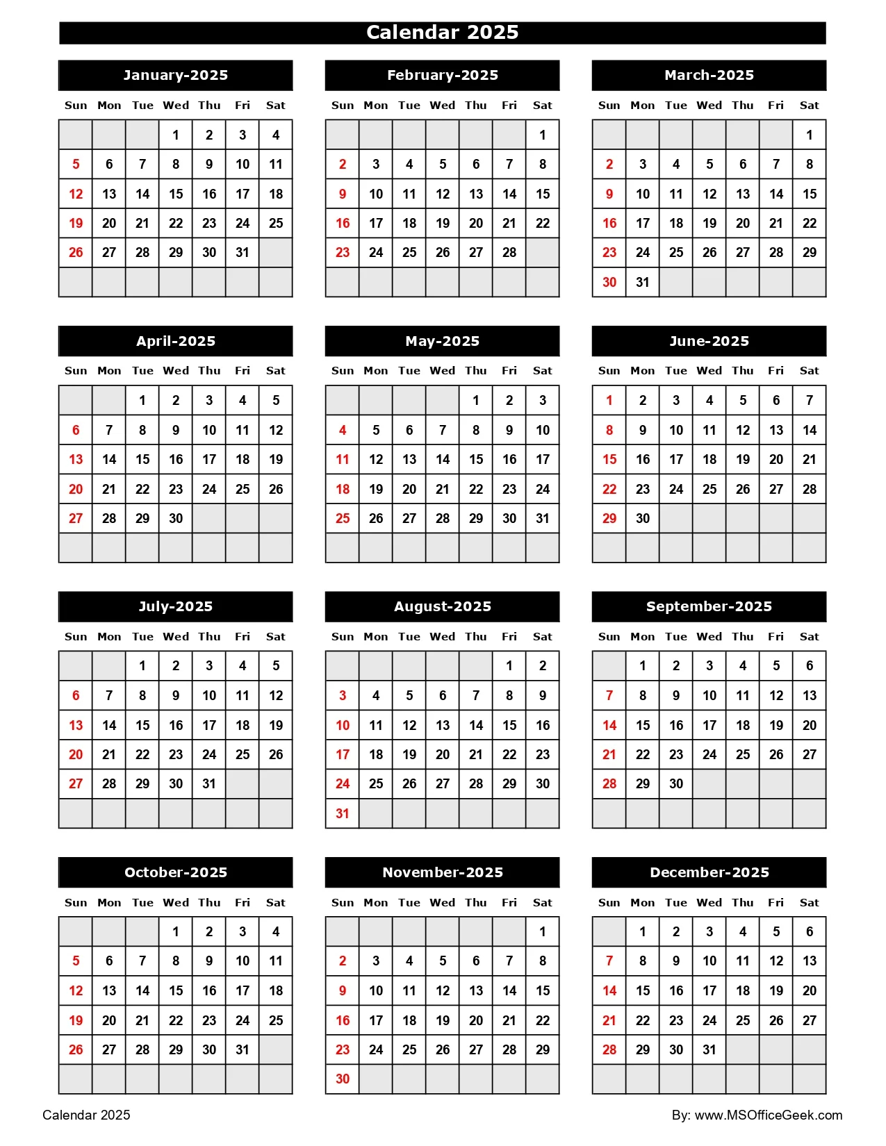 Ready To Use Printable Calendar 2025 MSOfficeGeek