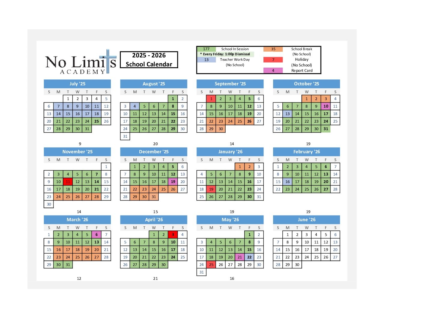 SCHOOL CALENDAR No Limits Academy