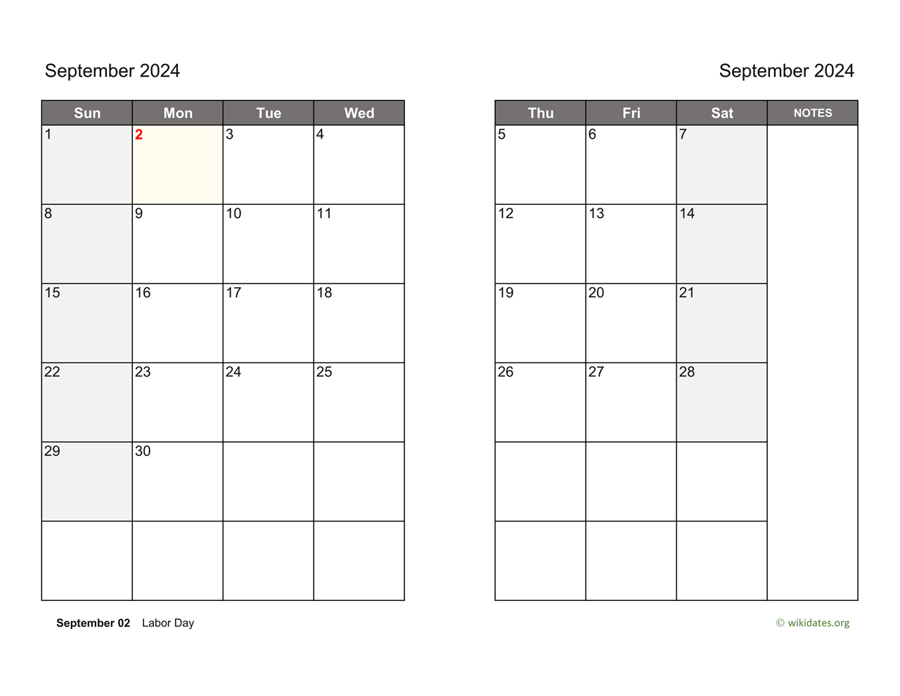 September 2024 Calendar On Two Pages WikiDates
