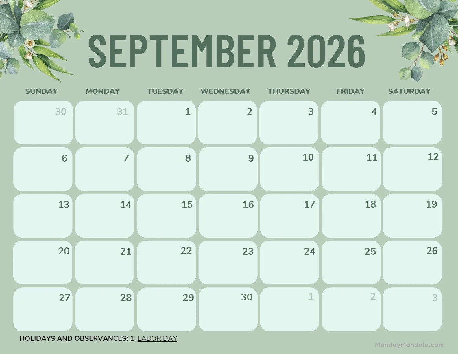 Monthly Printable Calendar September 2025