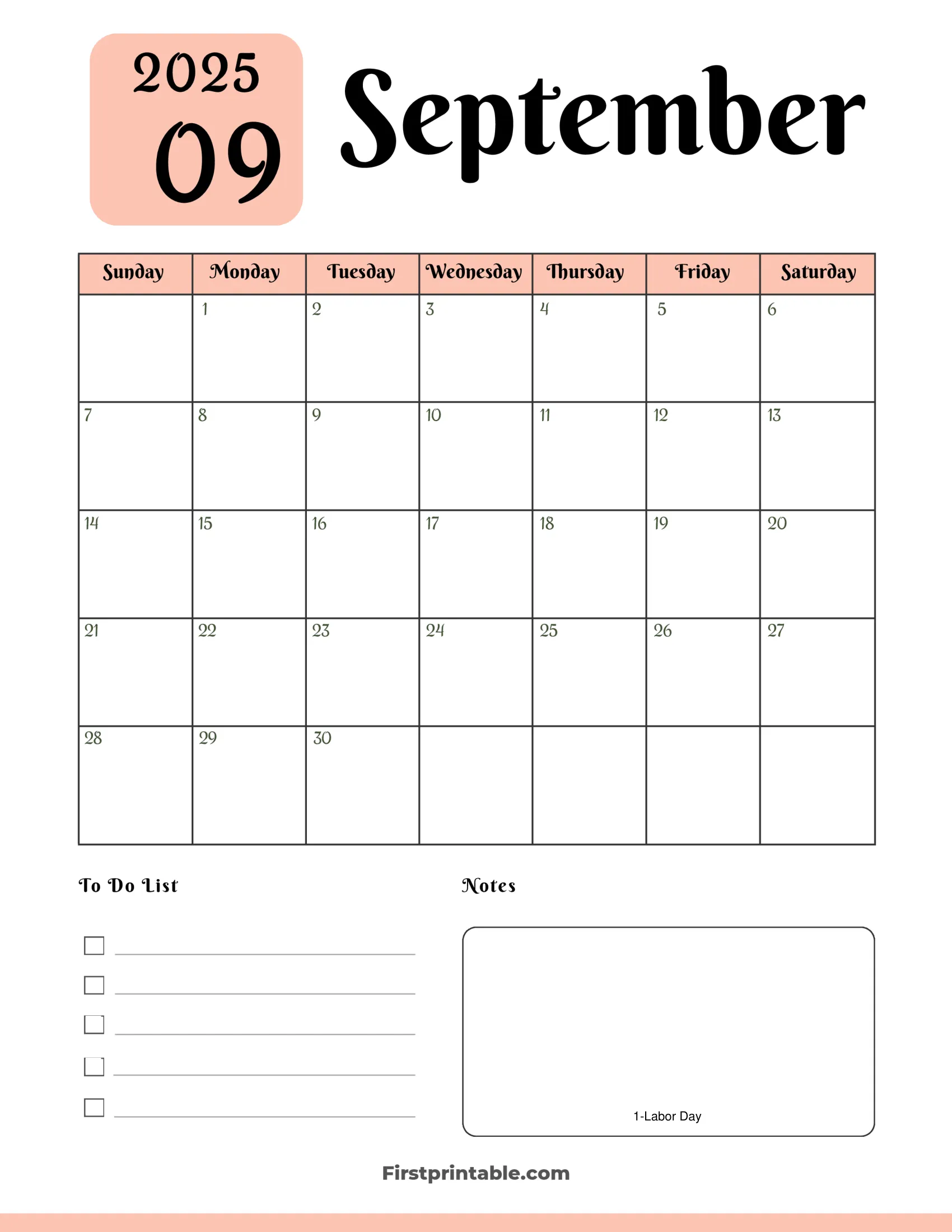 September Calendar 2025 Printable