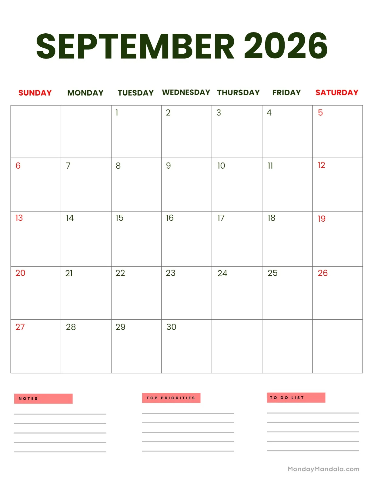 September 2026 Printable Blank Calendar