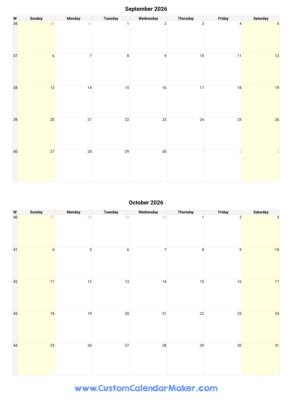 September And October 2026 Calendar Custom Calendar Maker