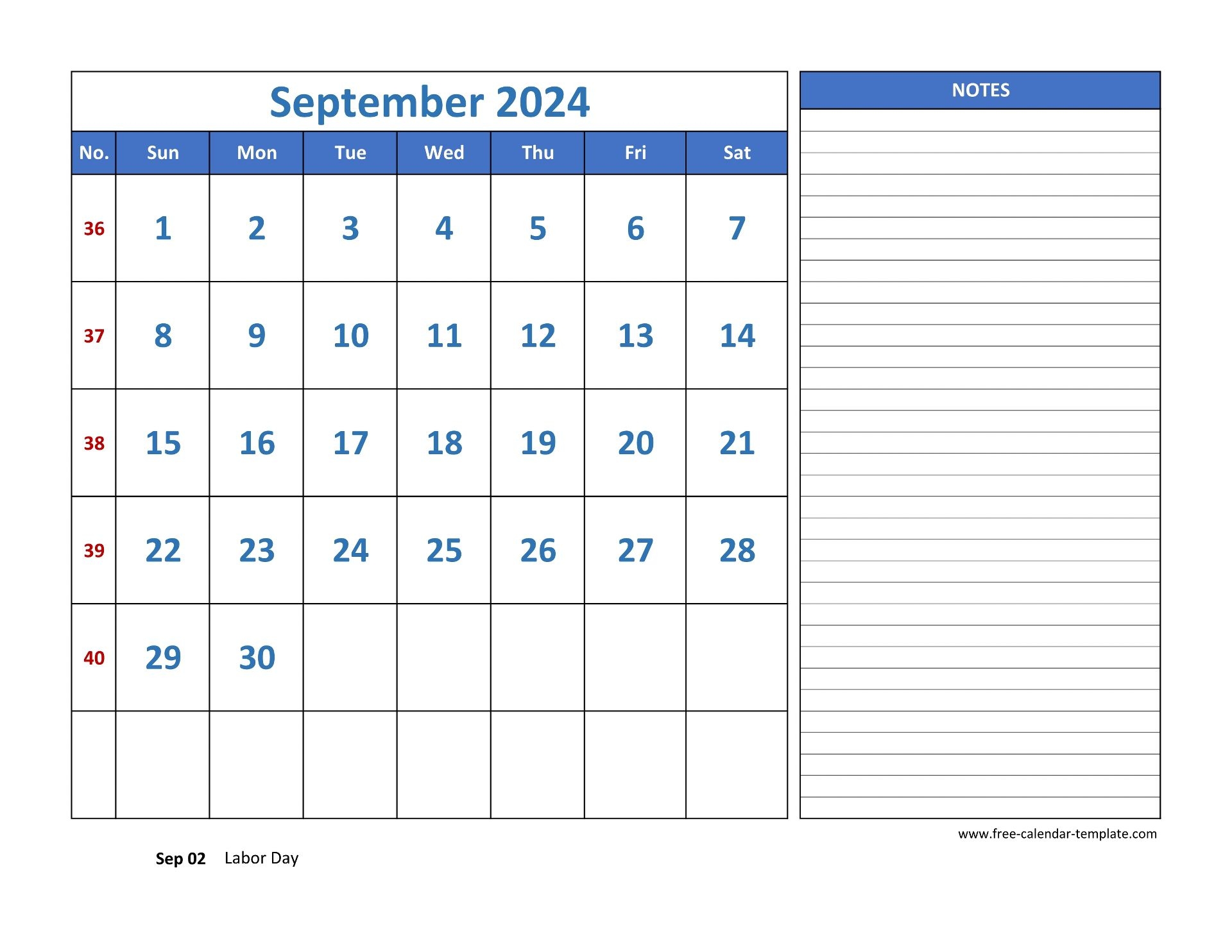September Calendar 2024 Grid Lines For Holidays And Notes horizontal Free calendar template
