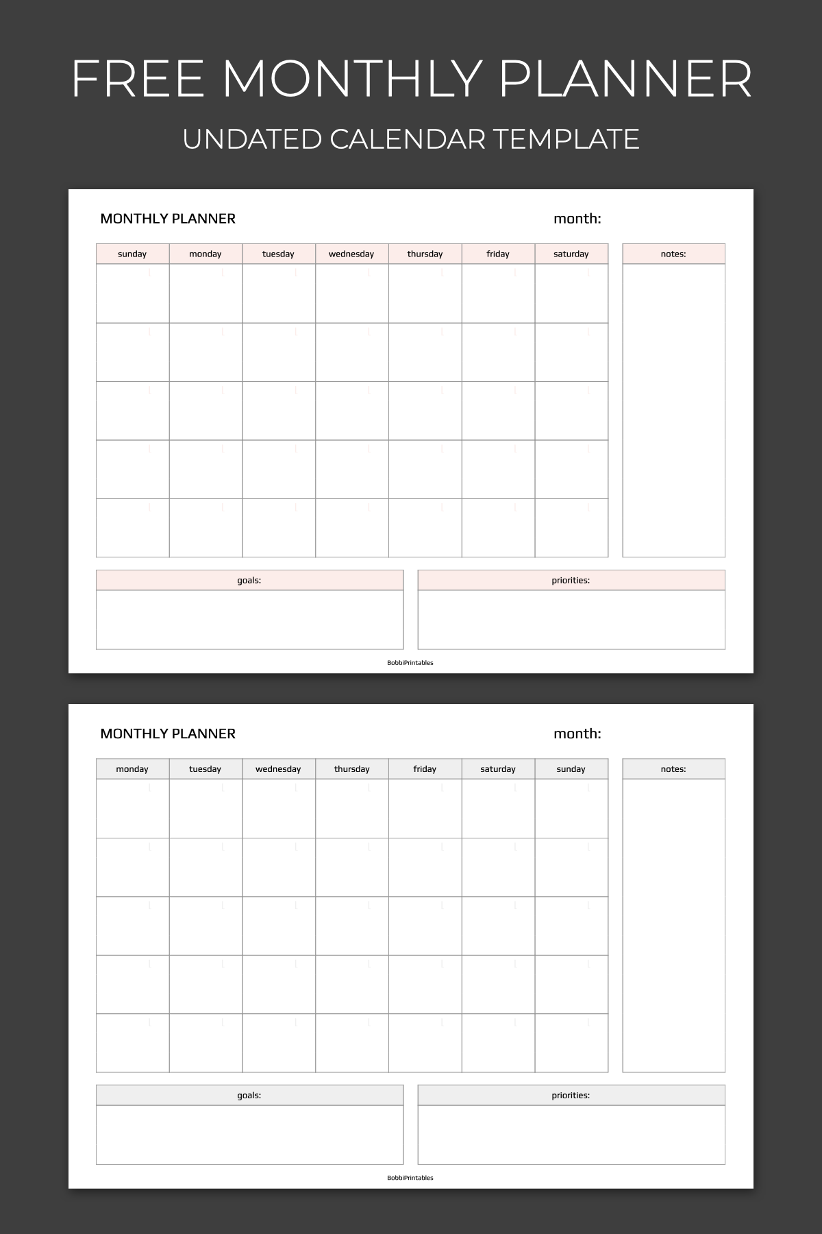 Monthy Calendar Planner Printable