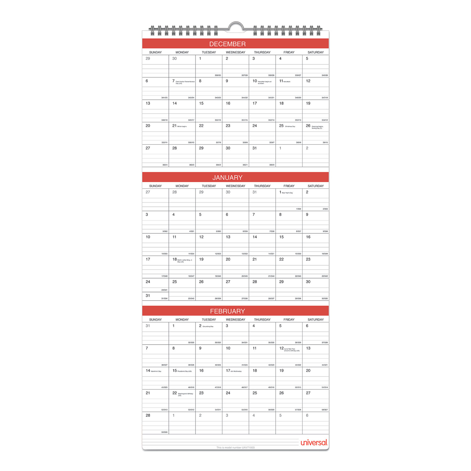 Three Month Wall Calendar 12 X 27 White Red Sheets 14 Month Dec 2025 To Jan 2027 Mastersupplyonline