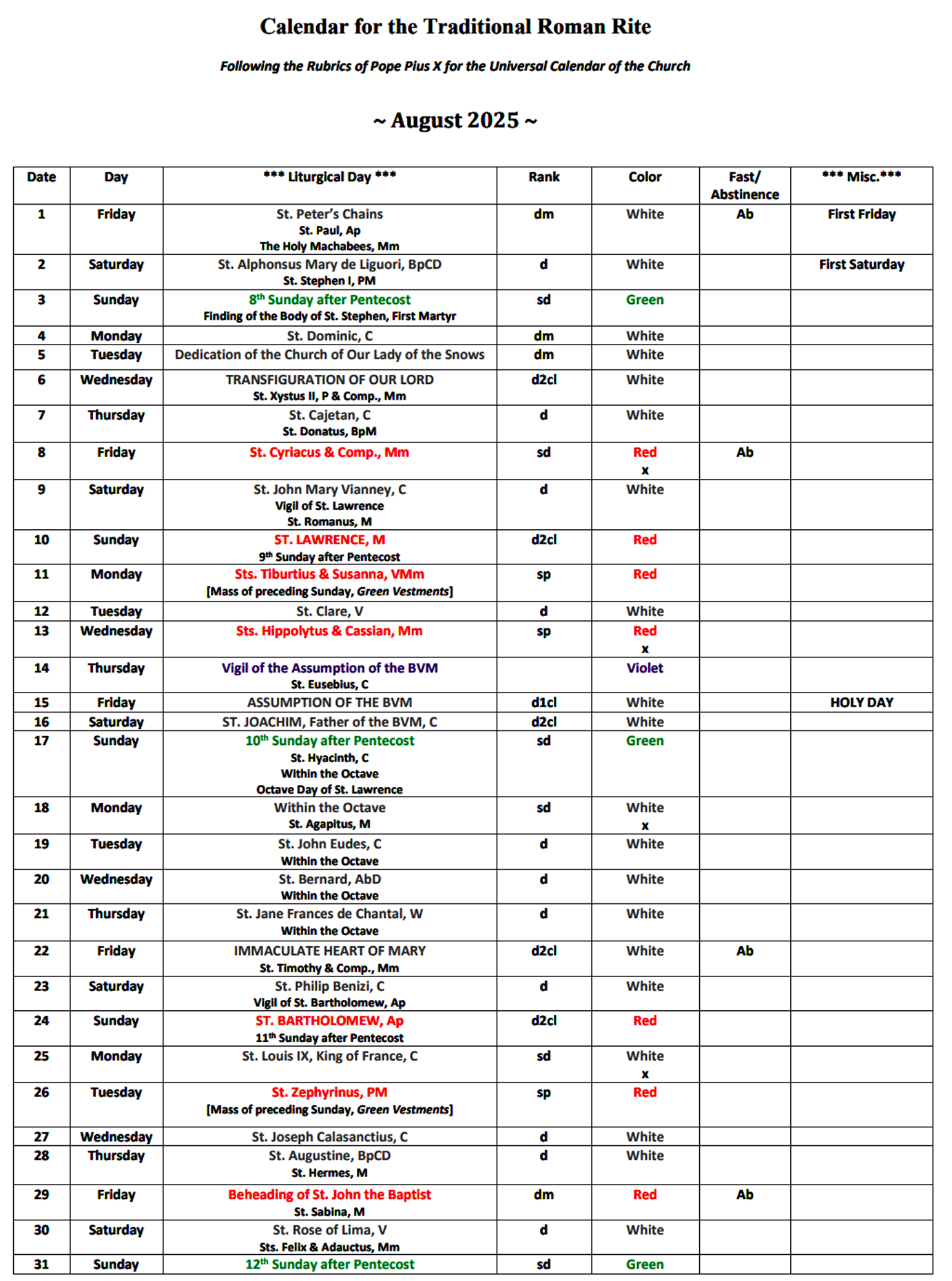 Traditional Catholic Litugical Calendar
