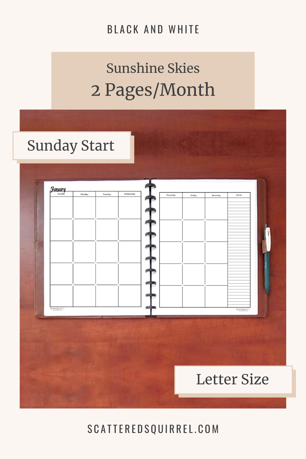 Undated Black And White Calendars Featuring Two Pages Per Month